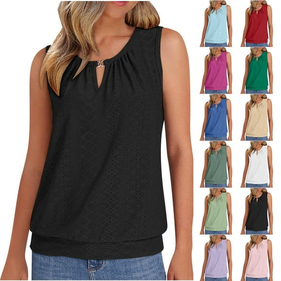 Otntypg Womens Eyelet Tank Tops Casual Sleeveless Keyhole V Neck Tank Tops Summer Cutout Tops for Women 2025 Eyelet Embroidered Loose Fit T-Shirts Blue XXL