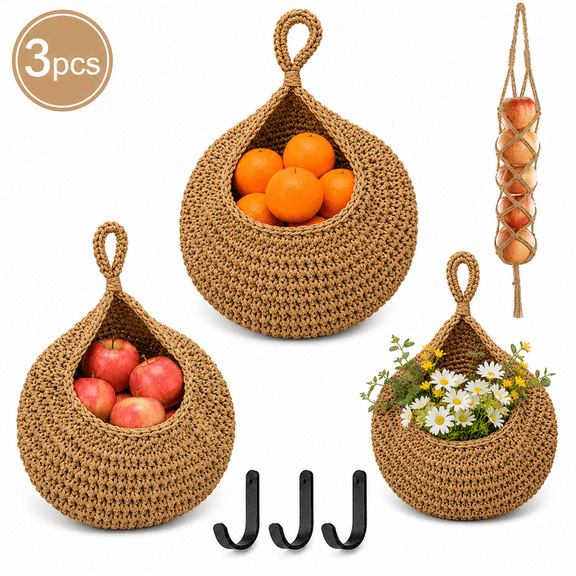 RYLZX 3Pack Boho Wall  Hanging Fruit Baskets for Kitchen-3 Pcs Strong Hooks, Handwoven Onion Storage Teardrop Home Onion Basket for Fruits Vegetable Potato Kitchen Storage (Light linen)