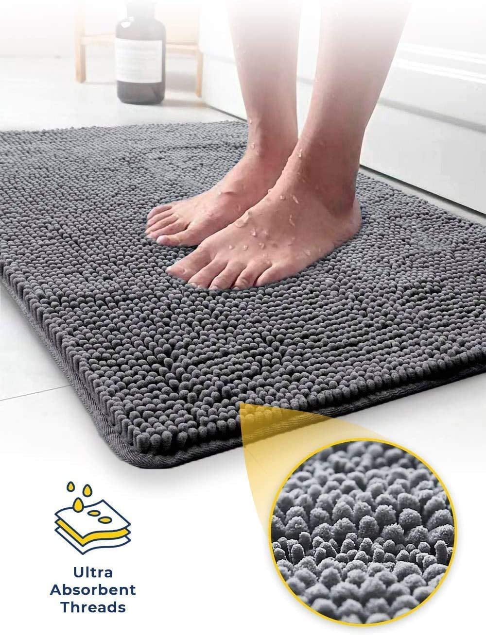 (4 pack) Muddy Mat® SHOWN ON TV Highly Absorbent Microfiber Door Mat and Pet Rug Non Slip Thick Washable Area and Bath Mat Soft Chenille for Kitchen Bathroom Bedroom Indoor and Outdoor - Grey Medium 30"X19"