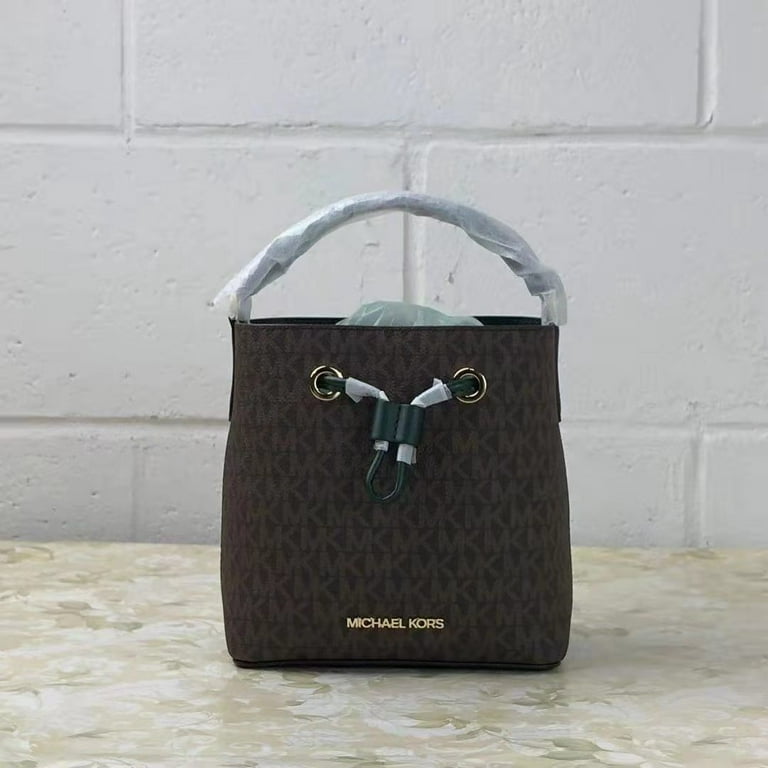 Michael Kors Suri Small Brown Racing Green Bucket Crossbody Drawstring Handbag