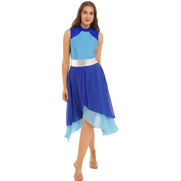 Jhaoyu Lyrical Dance Dress for Women Color Block Chiffon Patchwork Performance Costume Praise Dress Blue M