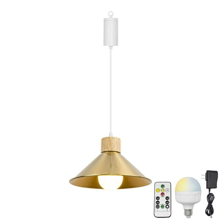 

KAYYELAMP 1Pcs Rechargeable Battery Adjusted Height Hanging Light Remote LED Dimmer Timing Bulb Log Wood Base Gold Shade Retro Design for Bedroom Kitchen Farmhouse