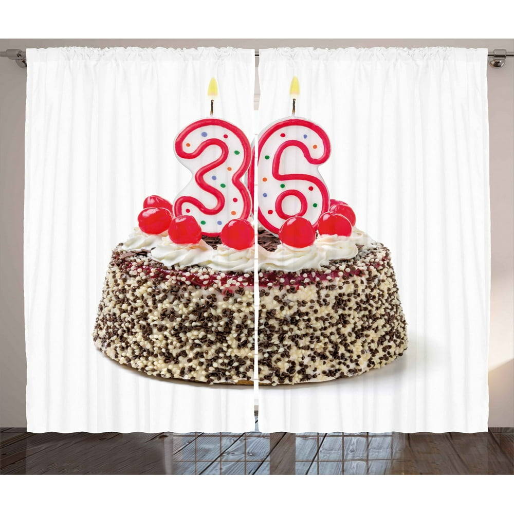 36th Birthday Curtains 2 Panels Set, Happy Birthday Party Theme Cake with Candles and Sprinkles