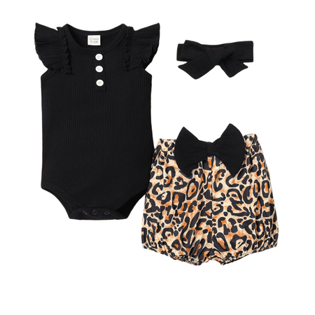 

PatPat 3pcs Baby Girl Letter Print Red Ruffle Short Sleeve Romper Leopard Print Shorts with Headband Set Infant Girls Summer Outfits Set Toddler Cotton Cute Baby Clothes 0-24month