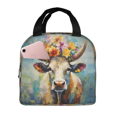 Insulated Lunch Bag for Women Men - Oil Painting Flower Cow Leakproof Cooler Lunch Box for Women Men  Lunch Tote Bags for Work School Picnic Travel