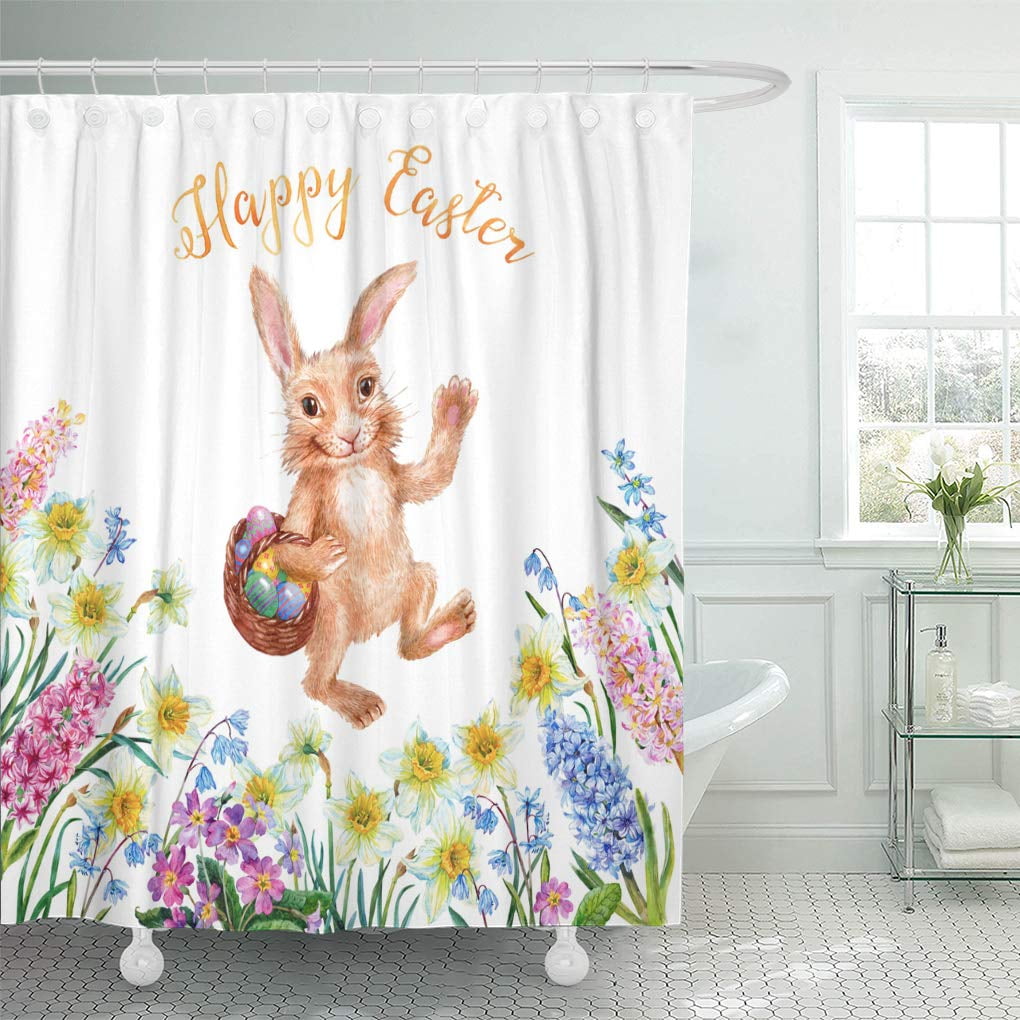 Spring Watercolor Flowers Easter Bunnies Waterproof Fabric Shower Curtain Hooks 