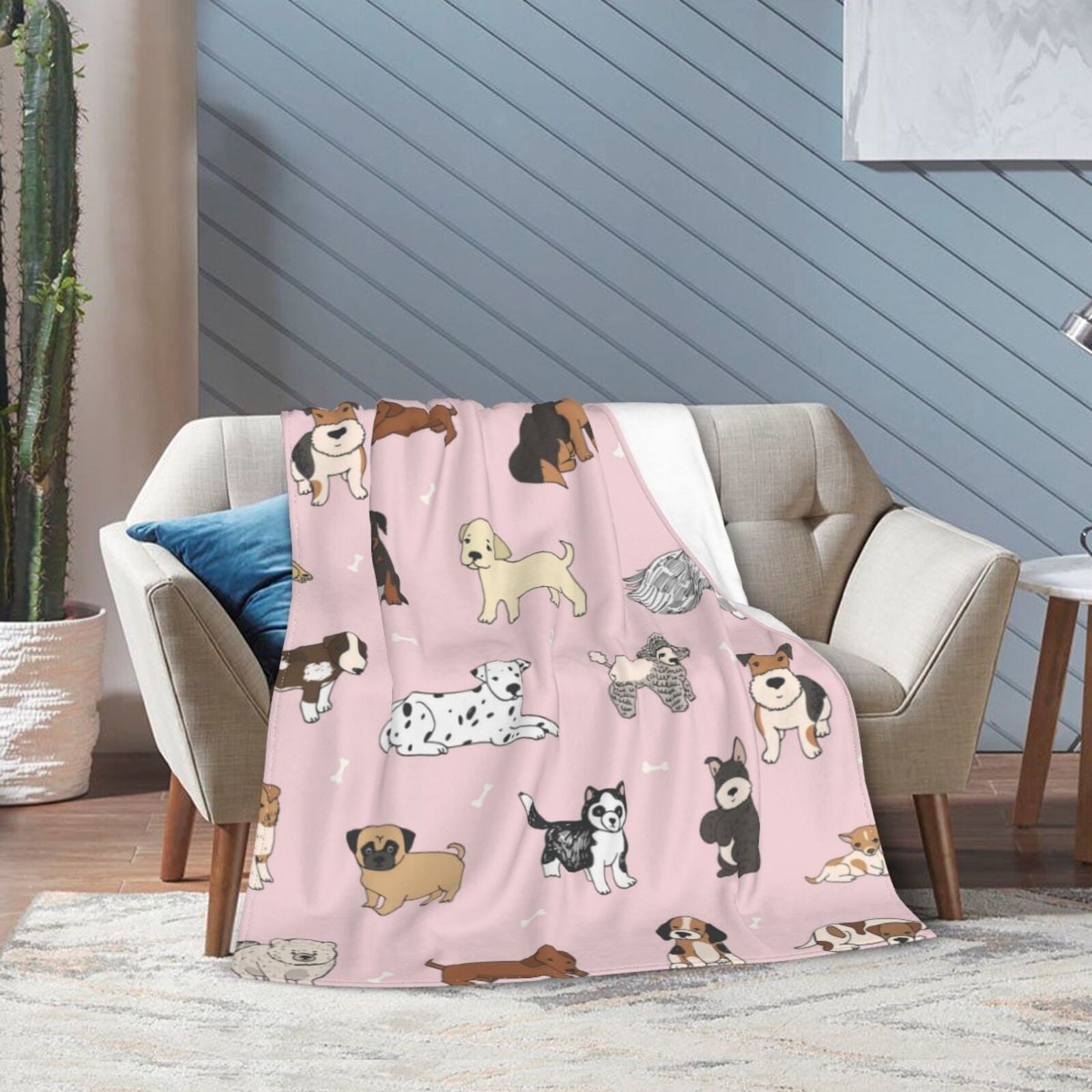 Wijzvio Cute Dogs Pink Throw Blanket Soft Fuzzy Fleece Blanket For Couch Bed Living Room Decoration 60"X50"
