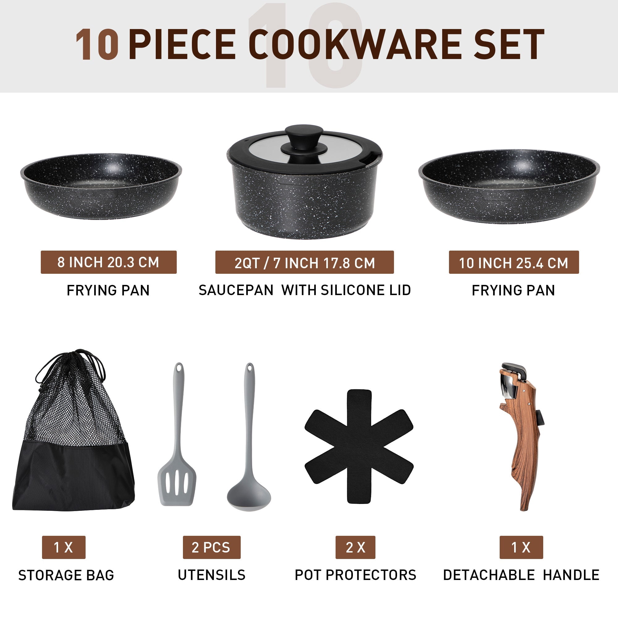 SUMMIT LIVING 10 Pieces Removable Handle Nonstick Cookware Set, Induction-Safe Granite Pots and Pans, Black