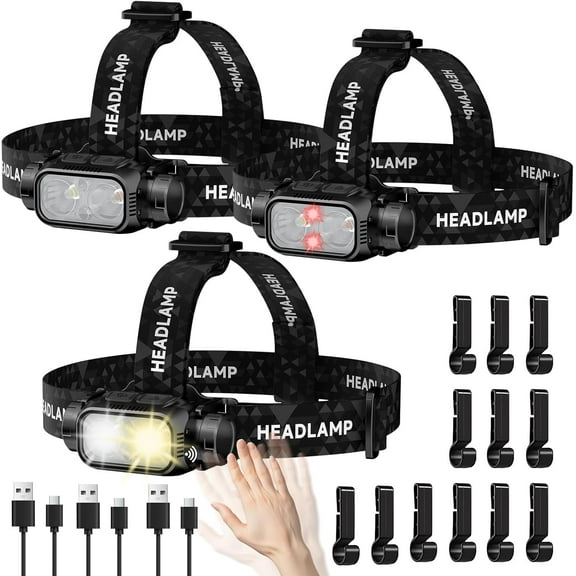 3 Pack Rechargeable LED Headlamp with Red Light,1200Lm Forehead Motion Sensor, 5 Modes, 90° Adjustable for Running, Camping, Hiking