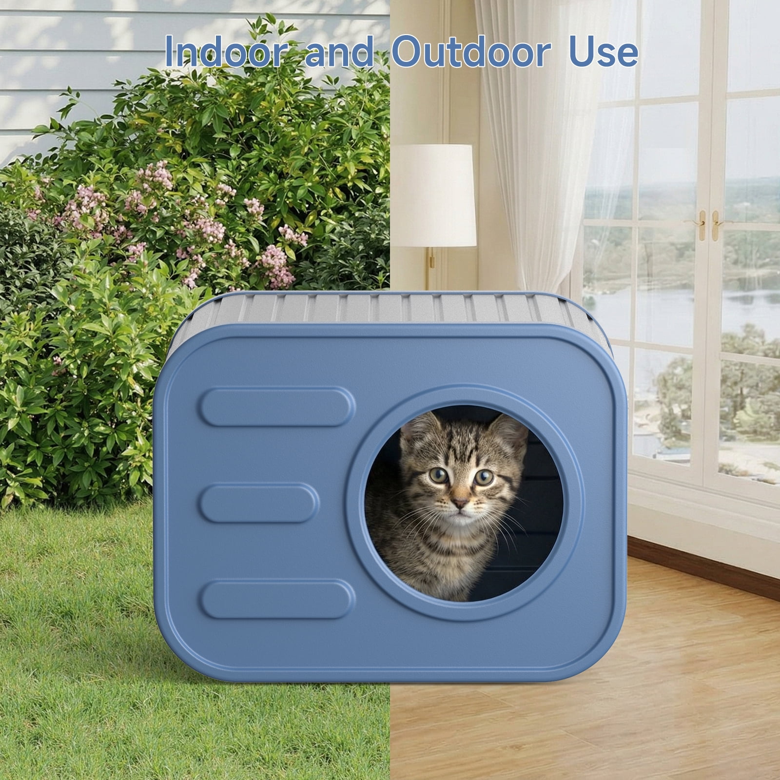 Dovov Cat House, Weatherproof Cat Shelter Camera-Shaped Cat Cage for Indoor & Outdoor Cats, Dual Ventilation Windows Cattery, Blue Gray