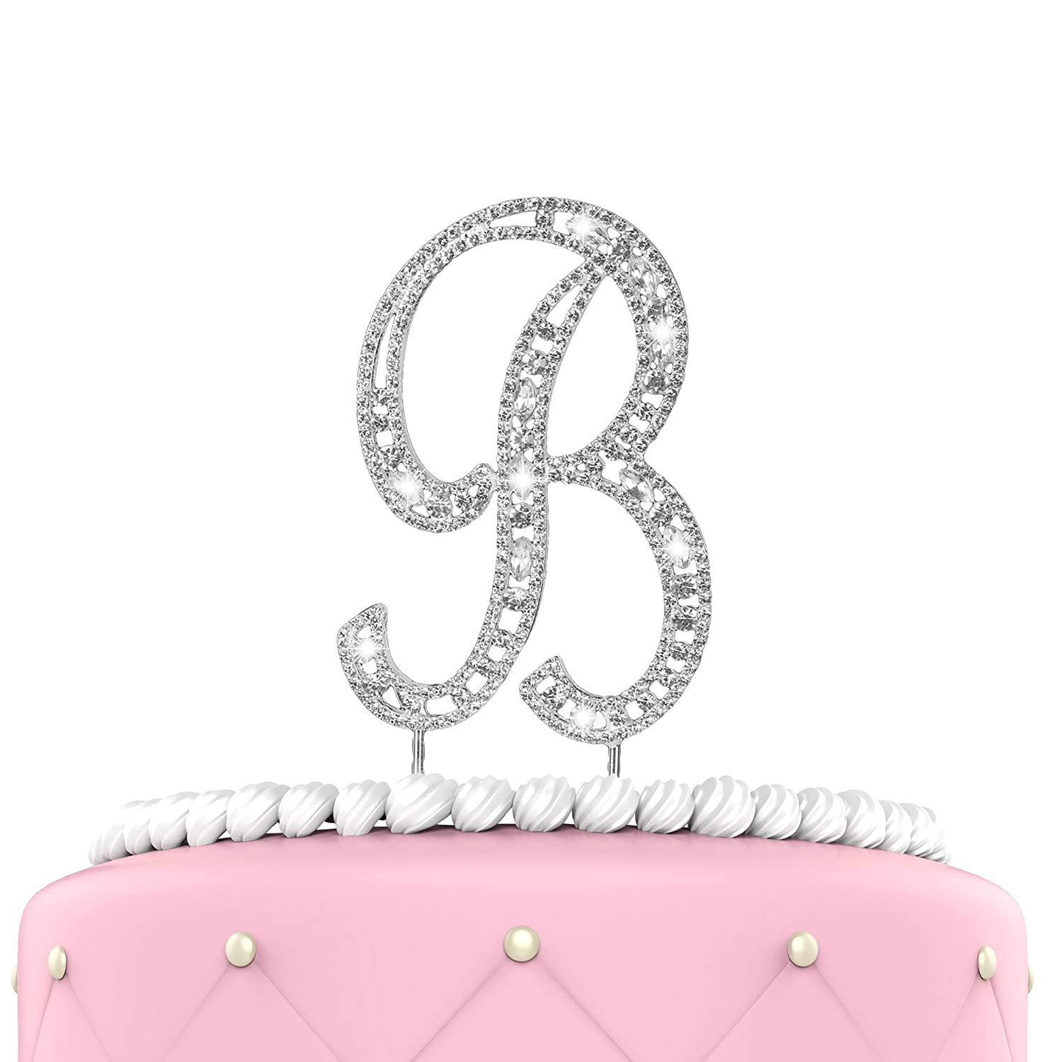 Small Silver Rhinestone Bling Monogram Letter Initial Cake Cupcake Topper Pick 