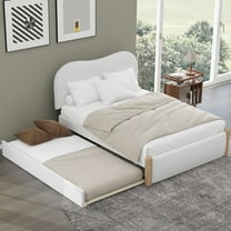 JERFIT Full Size Upholstered Platform Bed with Wood Supporting Feet and Twin Size Trundle, White