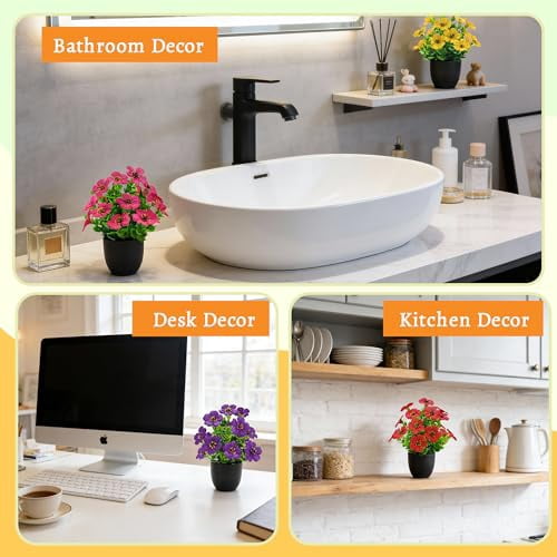 4 Pack Artificial Small Fake Plants Spring Flowers, Faux Indoor Plants for Home Office Desk Decor, Bathroom Accessories, Room Decorations