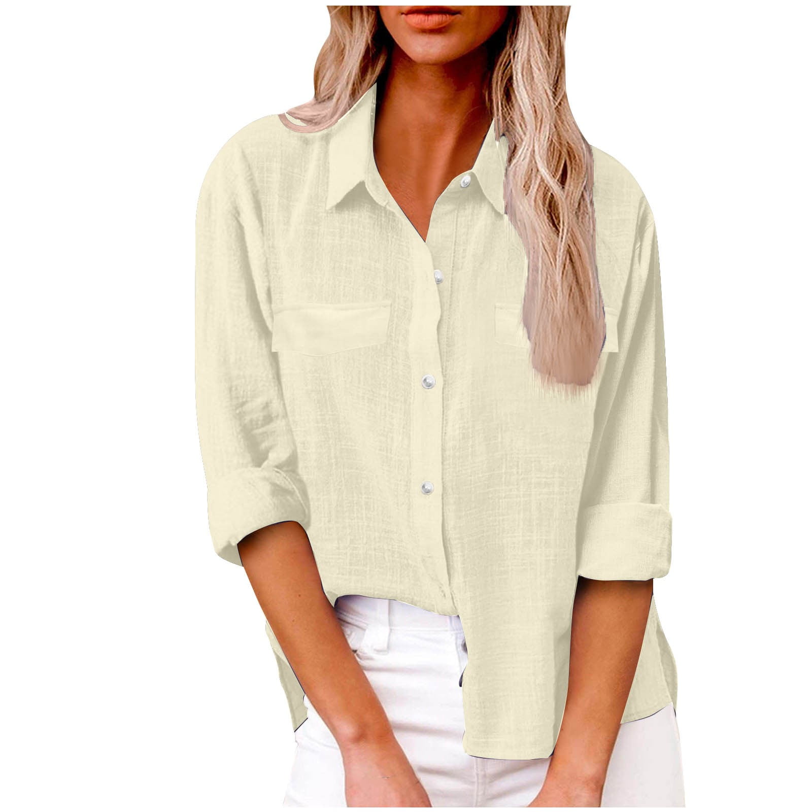QIPOPIQ Chemise en Bambou Coton Lin Col en V Boutonnée Manches Longues/en Rouleau Blouse de Travail Décontractée à Col en Solde