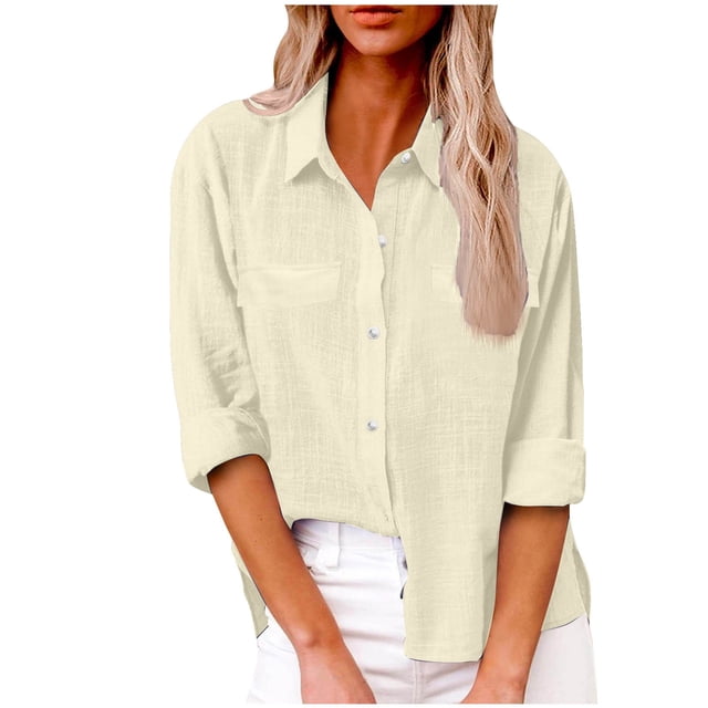Yuyuzo Womens Button down Shirts Cotton Linen Fall Loose Casual Long Sleeve Solid Color Blouses