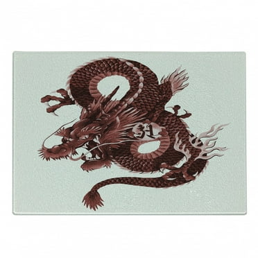 Dragon Cutting Board, Japanese Dragon Tatsu Folk Noble Monster Theme, Decorative Tempered Glass Cutting and Serving Board, Small Size, Pale Pink and Burgundy, by Ambesonne
