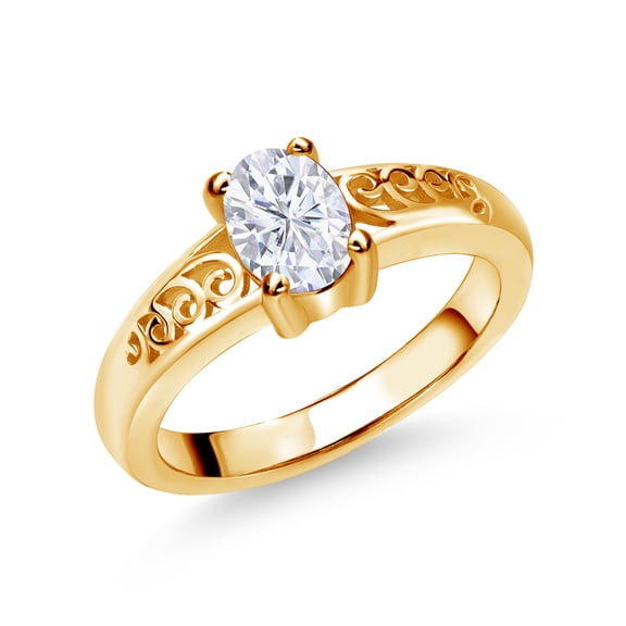 Gem Stone King 18K Yellow Gold Plated Silver Solitaire Filigree Design Ring Oval Moissanite (0.90 Cttw) (Size 5)