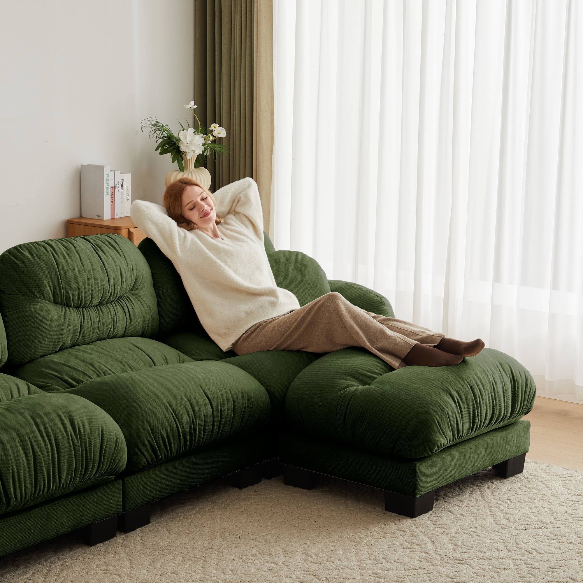 116" 3 Seater Sectional Couch Cozy Chenille U Shape Modular Sofa with 2 Ottoman and 2 Throw Pillows