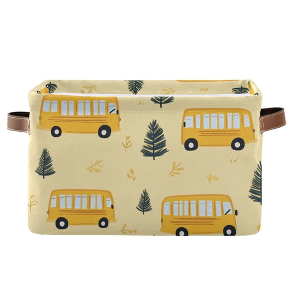 WOBOGO Yellow Kindergarten School Bus Pattern Square Storage Basket with Waterproof Canvas and PE Lining Durable PU Leather Handles 14.2×10.2×8.3in