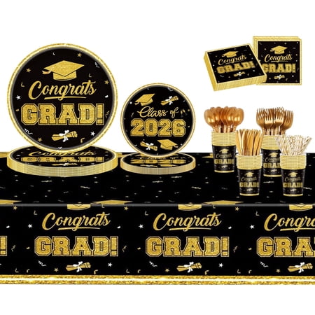 Graduation Party Supplies Tableware Set,Class of 2026 Disposable Plates Napkins Cups Cutlery Tablecloth,Black Gold Graduation Decorations for High School College Graduation Party,Serves 24
