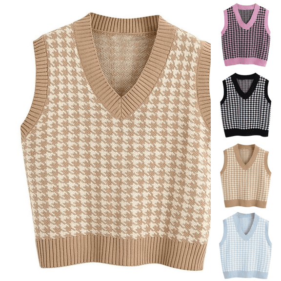 Oversized Sweater Vest Women Casual V-Neck Houndstooth Knit Sweaters 2026 Fall Aesthetic Checkered Work Vests Khaki XL