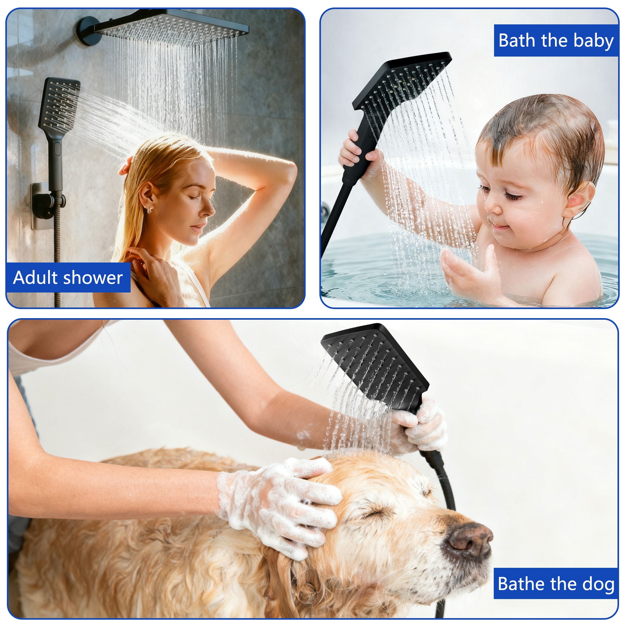 DTIG Shower Head Set High Pressure Rainfall Rain Shower Head 3-Setting Handheld with Hose Black