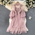 thumbnail image 3 of Quixlent 2 Pcs/Set Women Dress Suit Shirring Floral Embroidery See-through Lace Lantern Sleeves Pleated A-line Elastic Waist Midi Dress Slip Dress Suit, 3 of 8