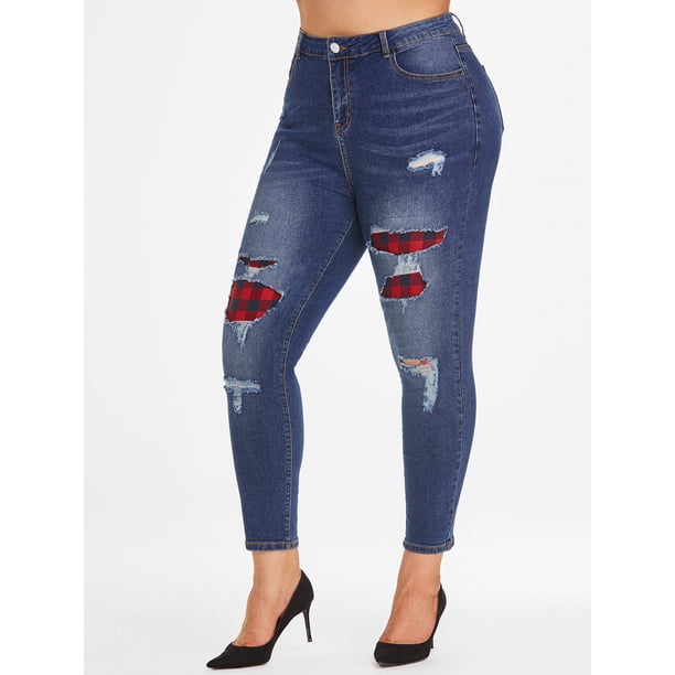 Jeans Rasgados de Talle Alto a Cuadros de Talla Grande Rosegal Vaqueros de talla grande