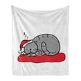 thumbnail image 1 of Christmas Soft Flannel Fleece Blanket, Cat with Santa Claus Hat Whiskers on the Pillow Winter Night Cartoon Artwork, Cozy Plush for Indoor and Outdoor Use, 70" x 90", White Red Grey, by Ambesonne, 1 of 6