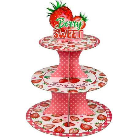 

Strawberry Birthday Party Supplies - 3 Tier Round Cardboard Cupcake Stand Strawberry Themed Dessert Tower Stand Cupcake Holder Stand for Sweet One Birthday Party Decorations Strawberry