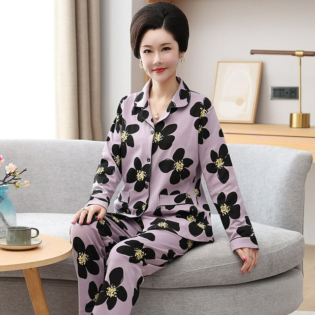 REDHOTYPE Femmes Matures Mode Imprimé Pyjama pour Dames Manches Longues Pantalon Long Coton Grande Taille Col Rond Tenue de Détente Ensemble Deux Pièces