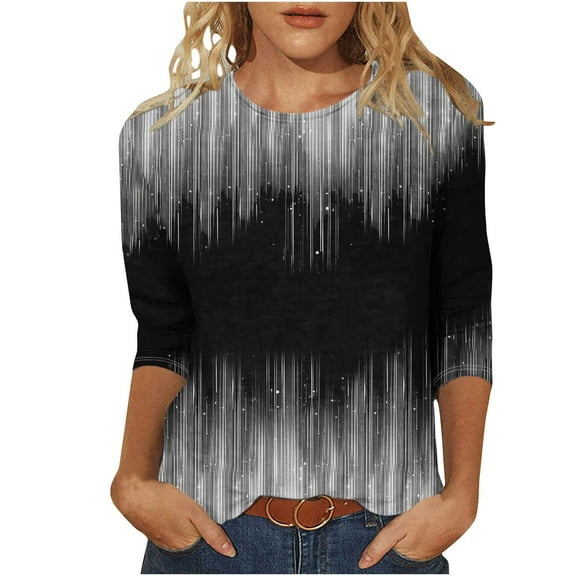 NuoCaiYun 3/4 Sleeve T-Shirt for Women'S Floral Print Round Neck Three Quarter Sleeve Loose Plus Size Blouses