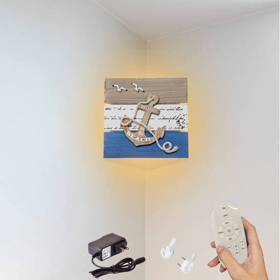 Kiven Battery Operated Wall Lamp with Remote Control,Rechargeable Wall Sconces Indoor 1 Set, Wooden Dimmable Corner Lamp for Bedroom, Dark Corner,Wall Decor,Marine Style Wooden Lamp