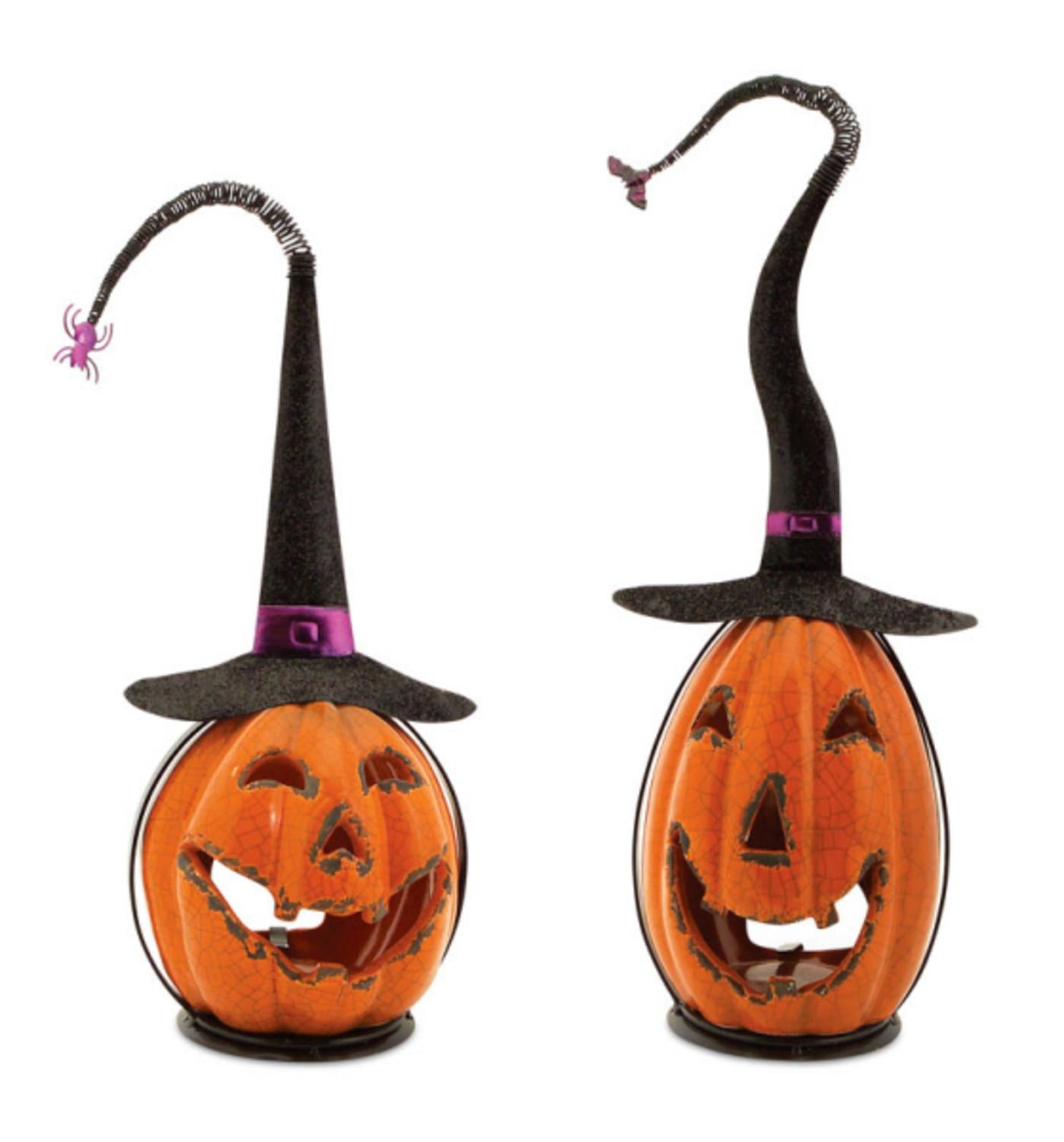 Set of 2 Scary Orange Crackle Finish Halloween JackOLantern Pumpkin