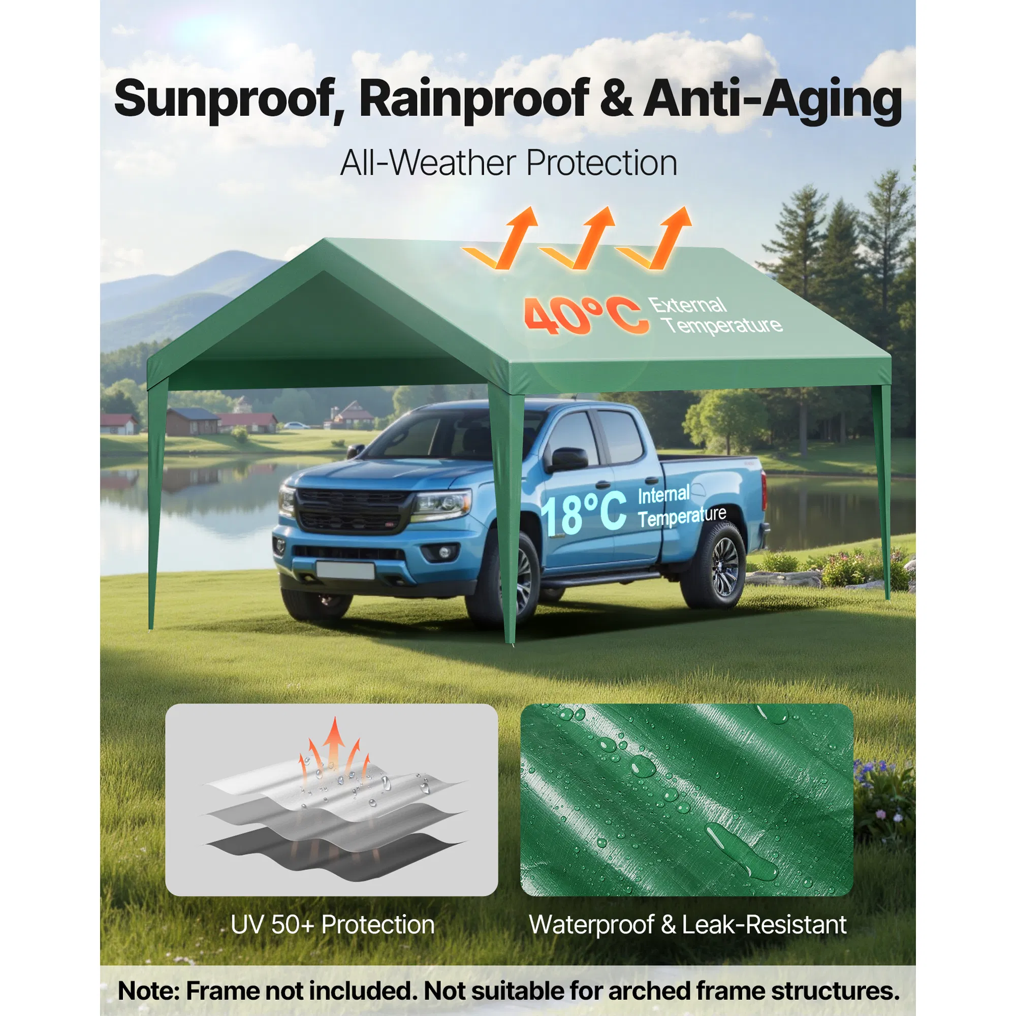 10x20 ft Carport Replacement Canopy,Waterproof UV-Resistant Garage Tent Tarp,Heavy-Duty Car Shelter Cover with Ball Bungees,Dark Green,Frame Not Included