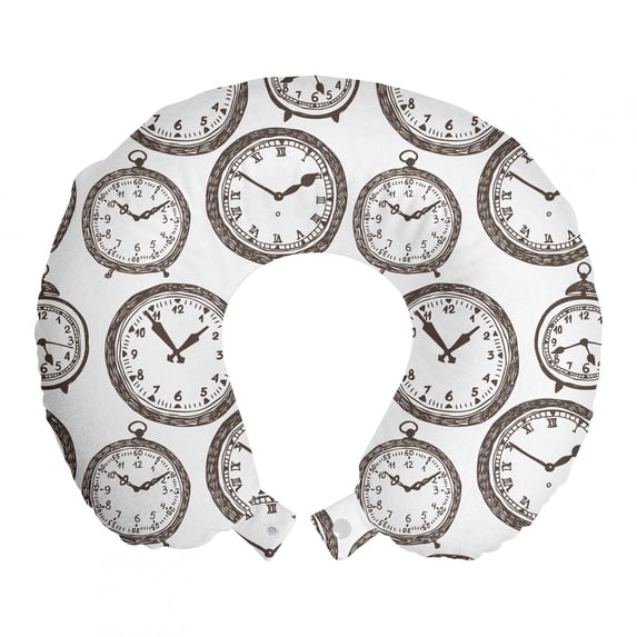 Clock Travel Pillow Neck Rest, Vintage Pocket Watch Numbers on It Antique Design Chronometers Old Fashioned Print, Memory Foam Traveling Accessory Airplane and Car, 12", Brown, by Ambesonne