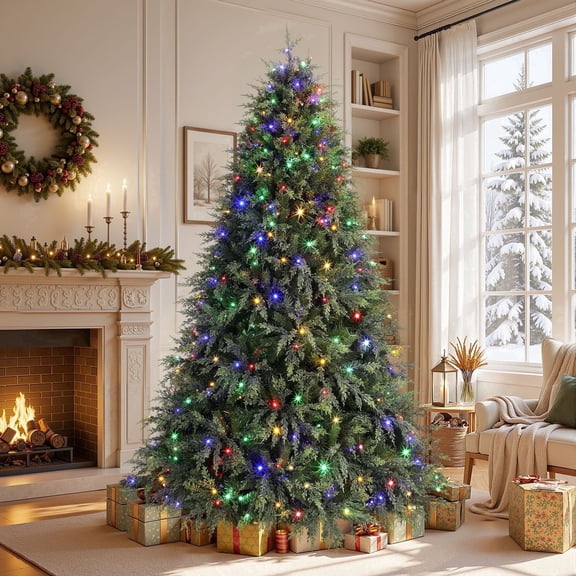 Lolsea 7ft Prelit PE Aspen Cypress Artificial Christmas Tree with Remote Control, Timer and Warm White & Multi-Color Lights