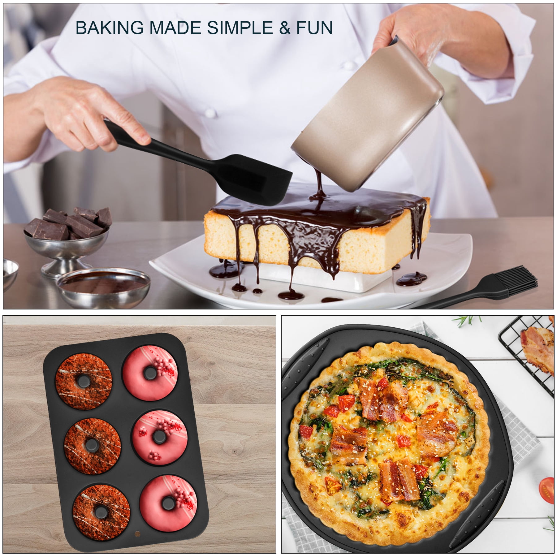 9in1 Nonstick Silicone Baking Fluted Cake Pan Cookie Sheet Molds Tray Heat Resistant Bakeware Tools Kit for Muffin Loaf Bread Pizza CupcakeUtensil（Black）