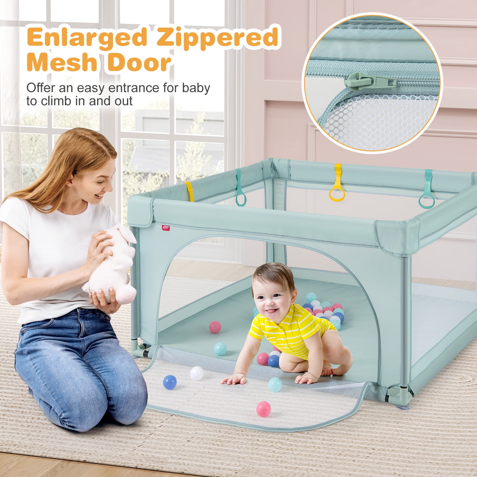 Gymax Baby Playpen for Toddlers Large Kids Activity Center w/ 50 PCS Ocean Balls & 4 Pull Rings