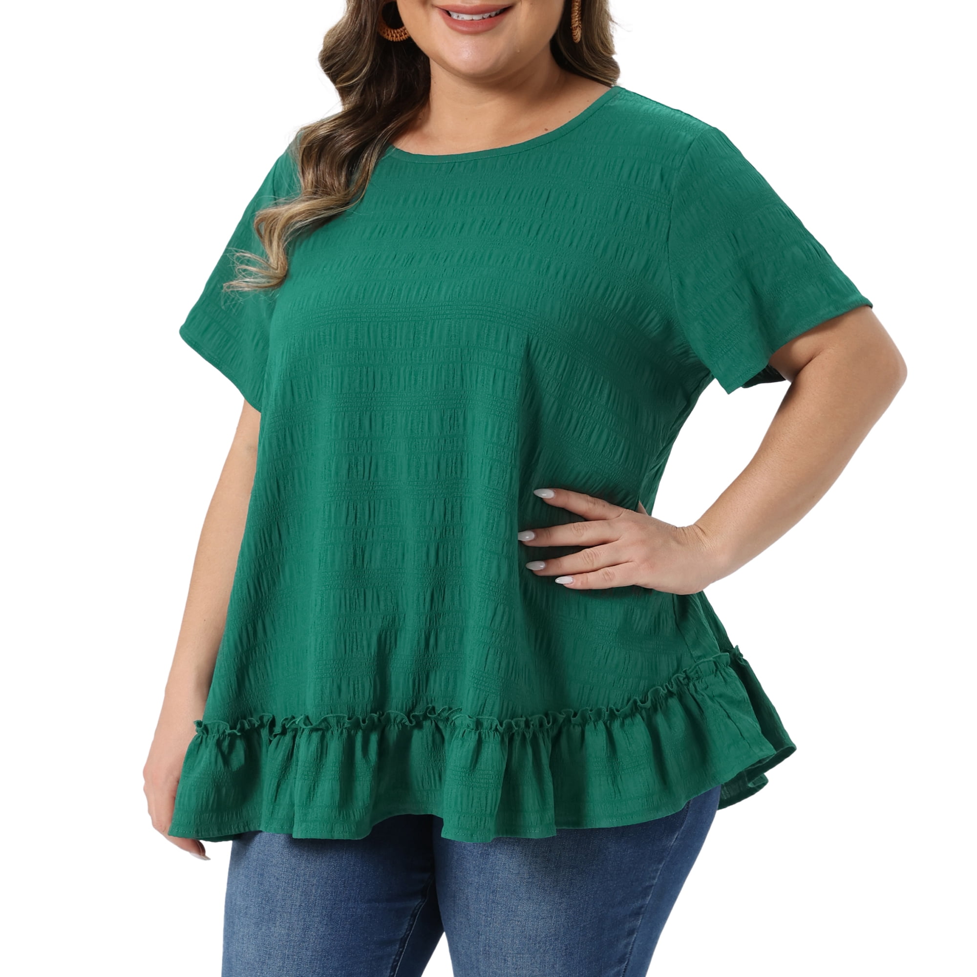 DARING DIVA Women's Plus Crew Neck Short Sleeve Loose Fit Flowy Blouse Top 4X Green