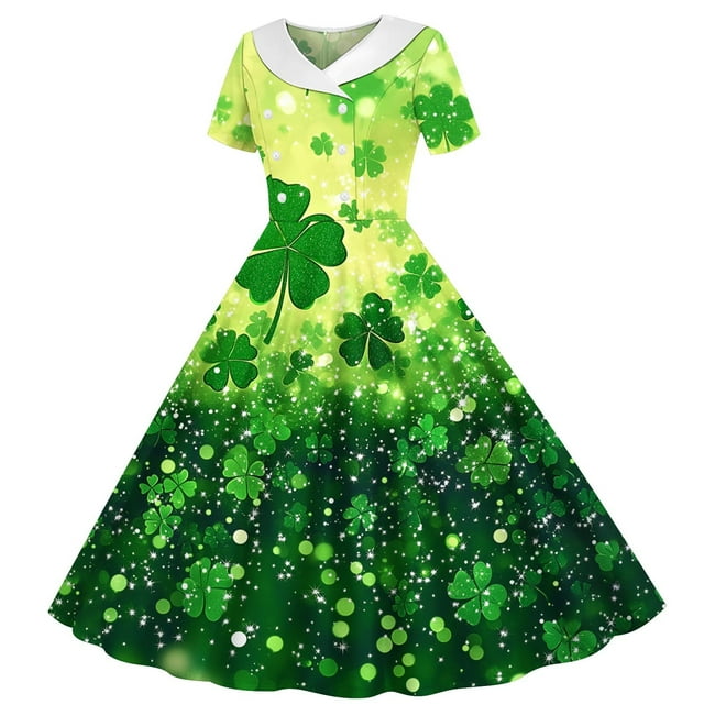MKOSPLRT Robe Trèfle pour Filles 5-14 Ans Enfants Filles Robe Rétro Vintage des Années 1950 Manches Courtes Robe Longueur Genou pour la Saint-Patrick 5-14 Ans