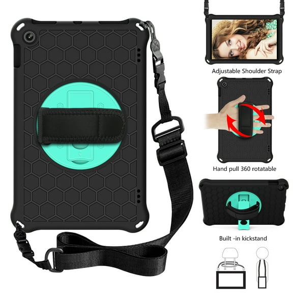 Allytech Case for All-New Amazon Fire HD 10 Tablet (7th Generation and 9th Generation, 2017 and 2019 Release), Kids Friendly Shockproof Kickstand Hand Strap Adjustable Shoulder Strap, Black/Aqua