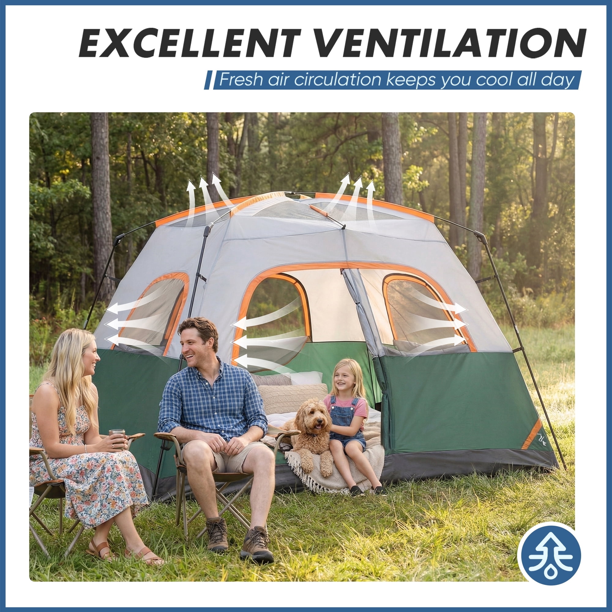 JIOABL 6 Person Camping Tent with Rainfly, Waterproof Polyester, Easy Setup, Portable with Carry Bag, Stakes & Ropes for Outdoor Camping, Green