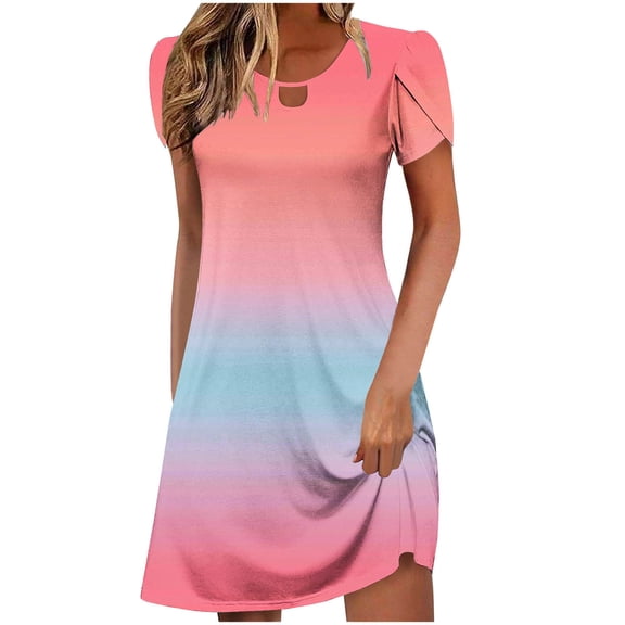 MaFYtyTPR Women Summer Dress Fashion Printed Casual Hollow Neckline Short Sleeve Loose Round Neck Dresses A-Pink L