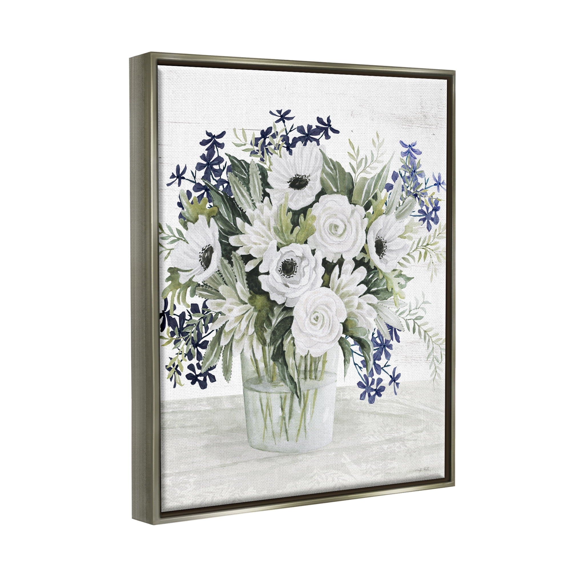 Stupell Industries Mixed White Anemone Vase Botanical & Floral Painting Gray Floater Framed Art Print Wall Art, 17 x 21