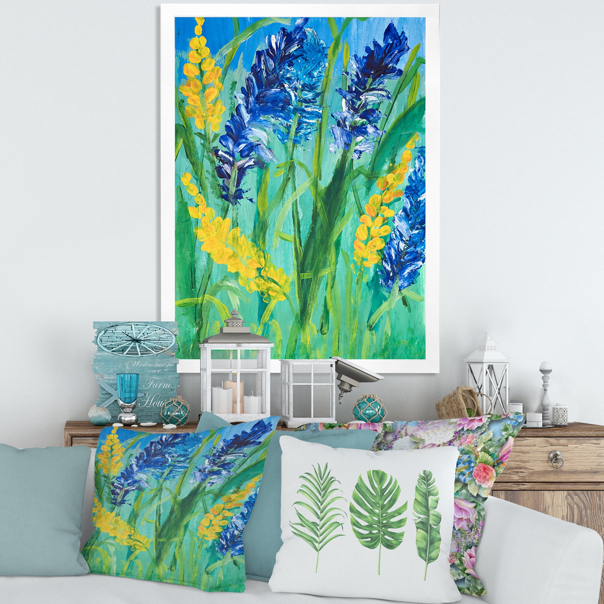Designart 'Yellow and Blue Wild Flowers and Grass Gouache' Traditional Framed Art Print