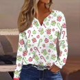 Womens Henley Tops Long Sleeve Christmas Trees Xmas Snowflake Print