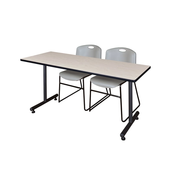 Regency Kobe 66 x 30 in. T-Base Training Seminar Table- Maple, 2 Zeng Stack Chairs- Grey