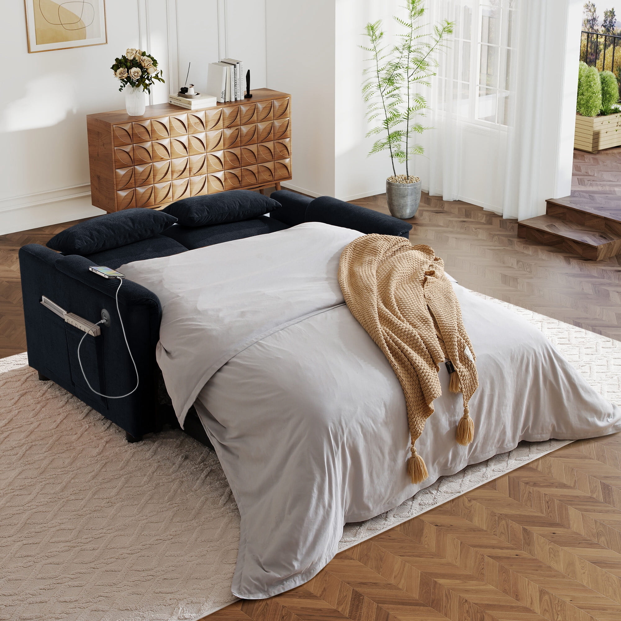 Lunale Convertible Sofa Bed with USB, 55" Loveseat Sleeper for Living Room, Apt, Black Velvet