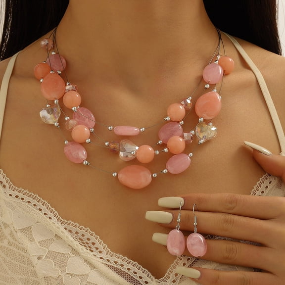 Layered Chunky Statement Necklace for Women Beaded Strand Necklaces with Earring Fashion Costumes Collar Necklace Jewelry Sets Gifts for Women